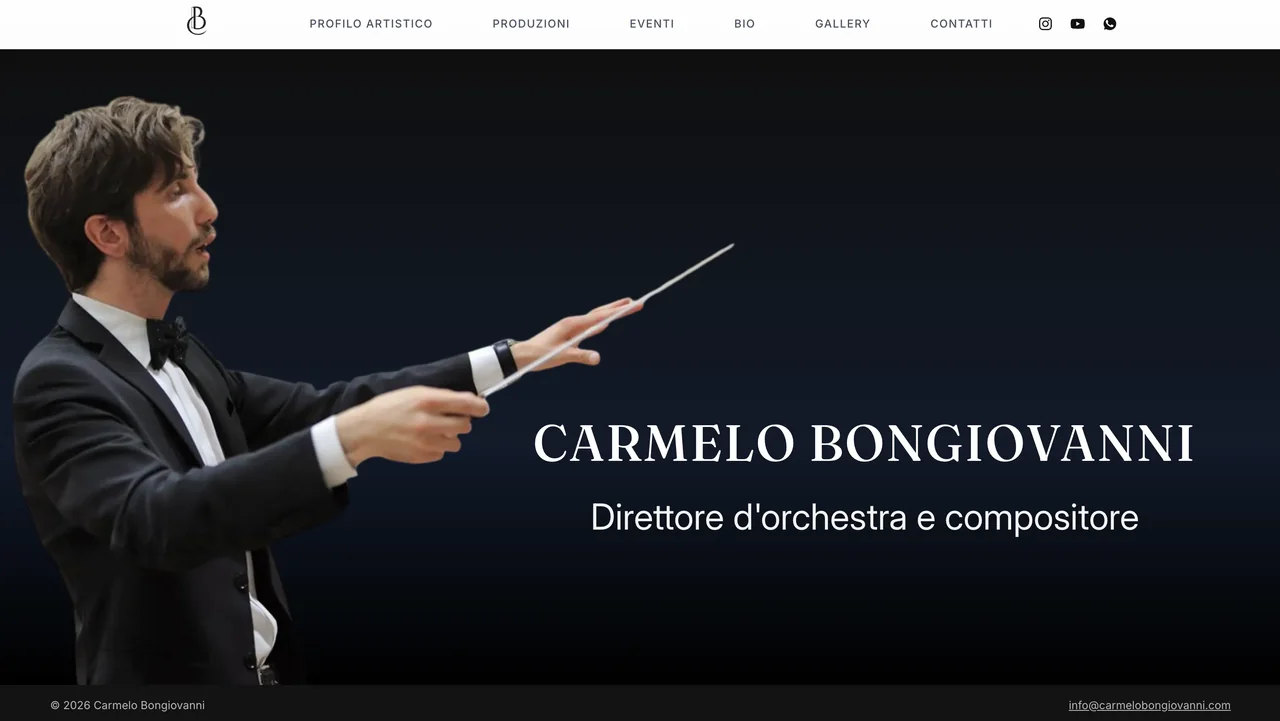 Homepage del sito di Carmelo Bongiovanni, direttore d'orchestra e compositore, con fotografia dell'artista e navigazione del sito.